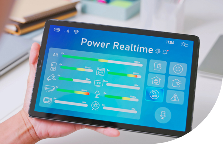 A tablet that says Power Realtime and shows analytics.