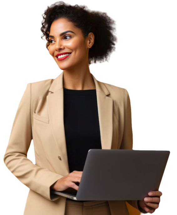A female professional smiling while on her laptop.