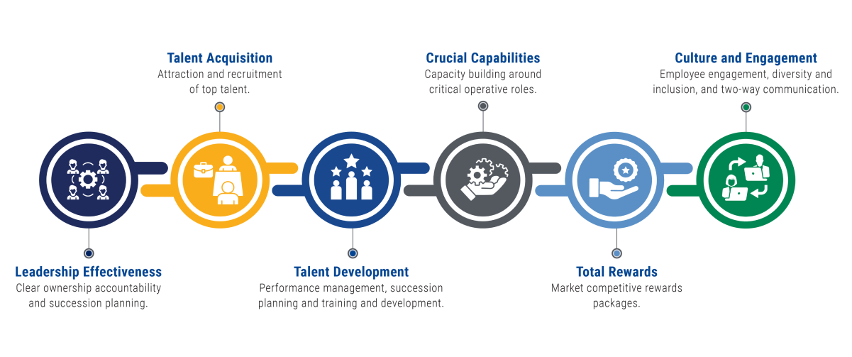 Leadership effectiveness, talent acquisition, talent development, crucial capabilities, total rewards, culture and engagement.