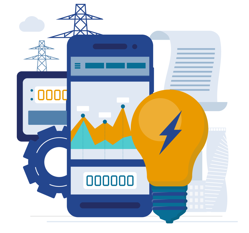 energy-procurement-illustration An illustration of a computer screen with a cloud, gears, locks, charts, etc.